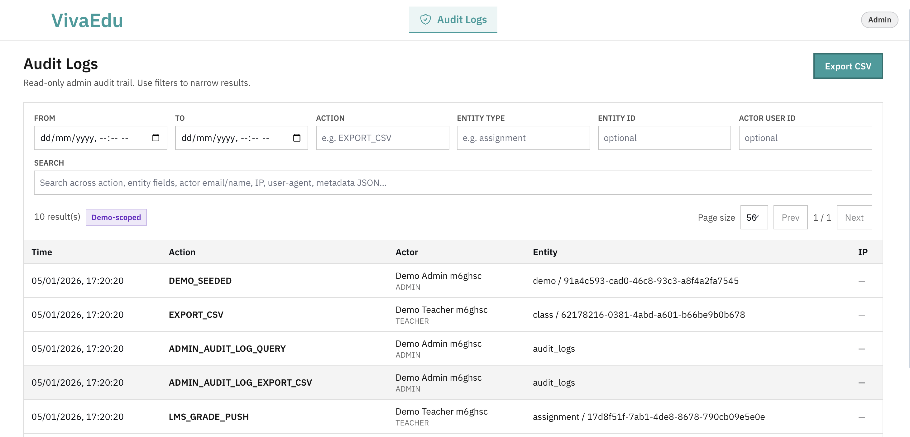Admin audit logs in demo
